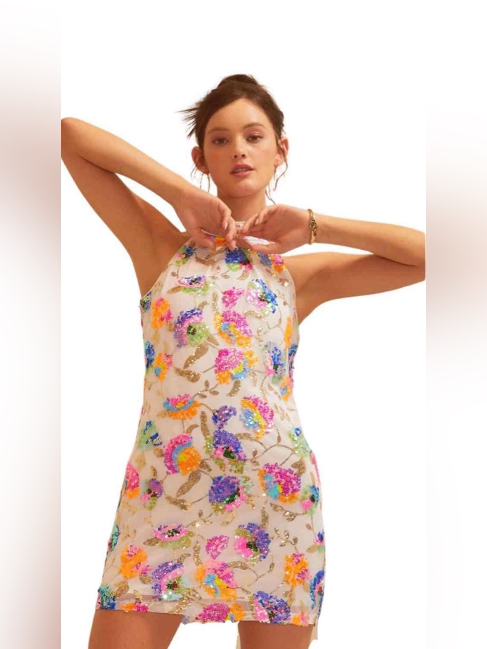 Sequin Floral Halter Dress in White with Multicolor Embellishment